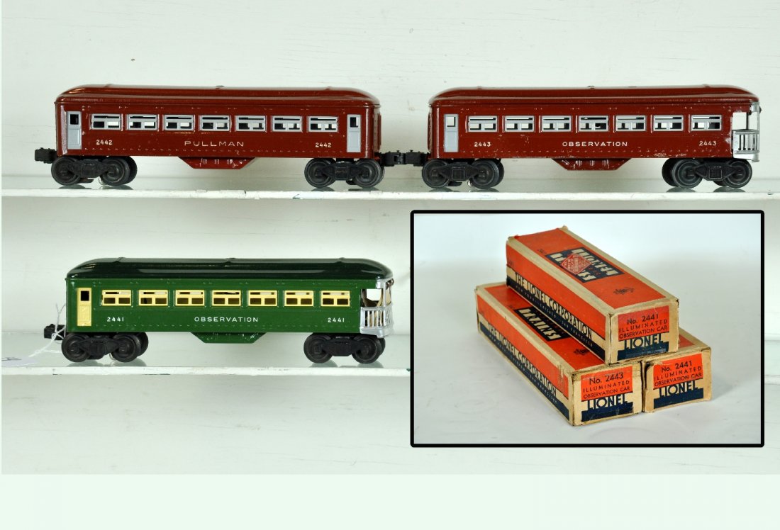 3 Boxed Early Lionel Passenger Cars: Includes a 2441 green observation, unrun, ob missing end flap, C9; 2442 Pullman & matching 2443 observation, clean & shiny, with obs, C6