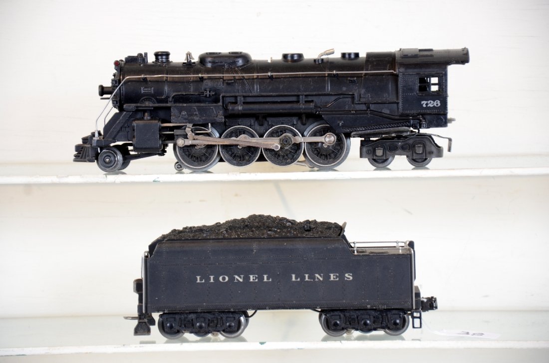 Lionel 726 Berkshire Locomotive: Fairly clean with 90% cab lettering, some touch-up spots on boiler; 2426W cast tender. Both otherwise show light to moderate playwear, C6