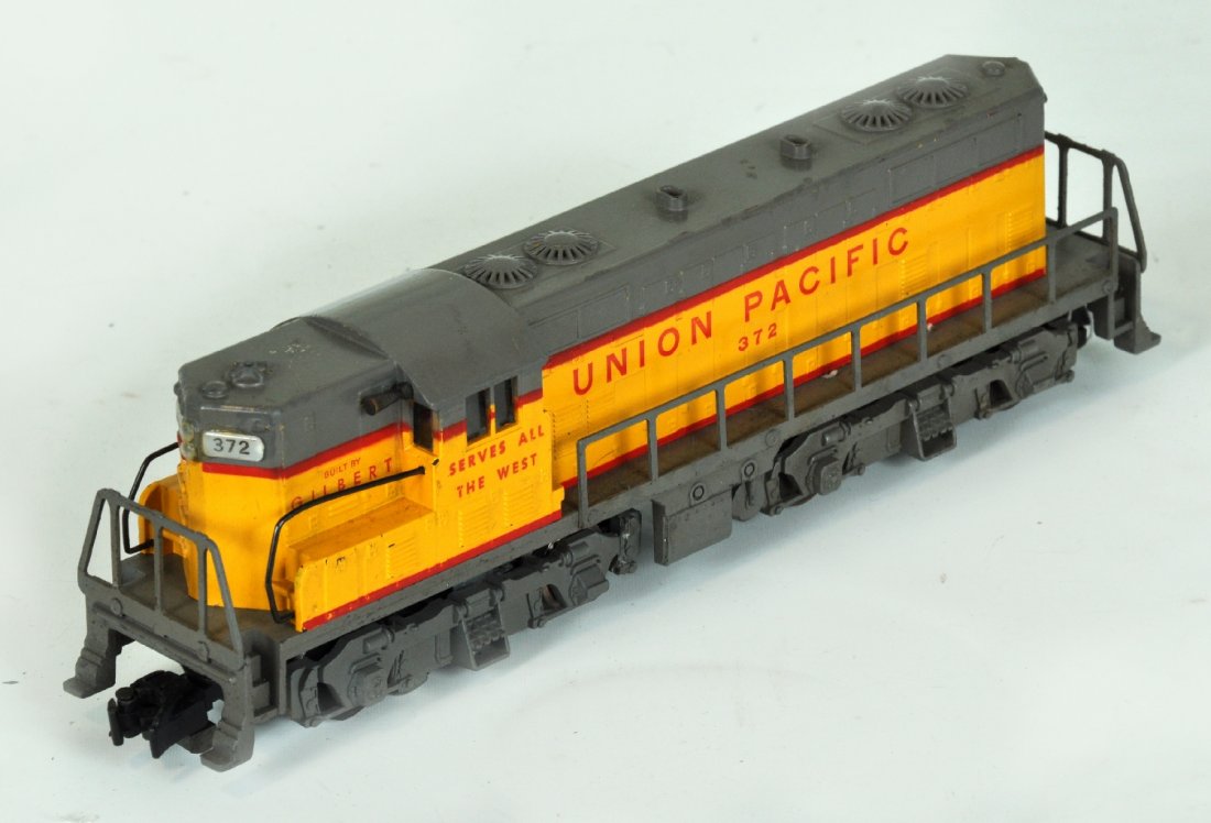 American Flyer 372 UP GP7 Diesel: S Gauge. Clean with built by Gilbert lettering. It has strong graphics with a 1" scratch on nose top, otherwise shows light runtime, C7