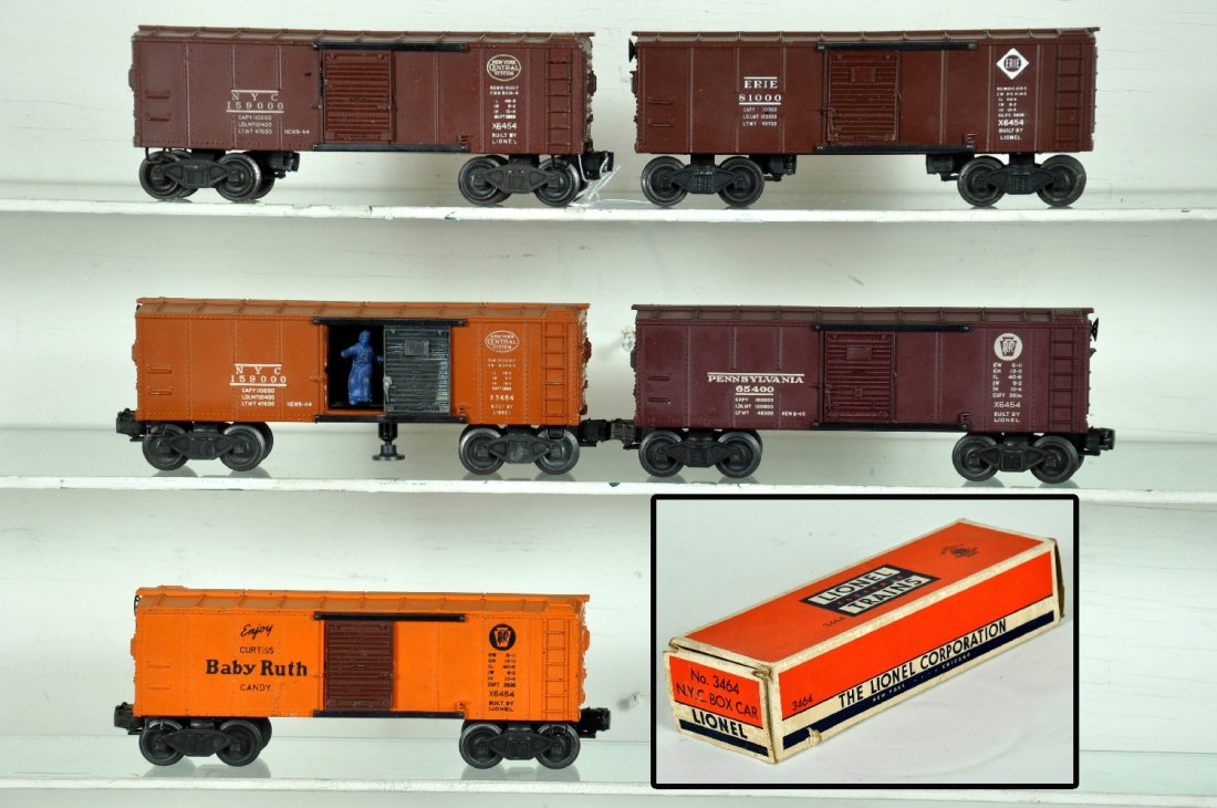 5 Clean Lionel Boxcars: Includes a scarce 6454 Baby Ruth; 6454 PRR, NYC & Erie; boxed 3464 NYC. All show light to moderate playwear, C6+-7+
