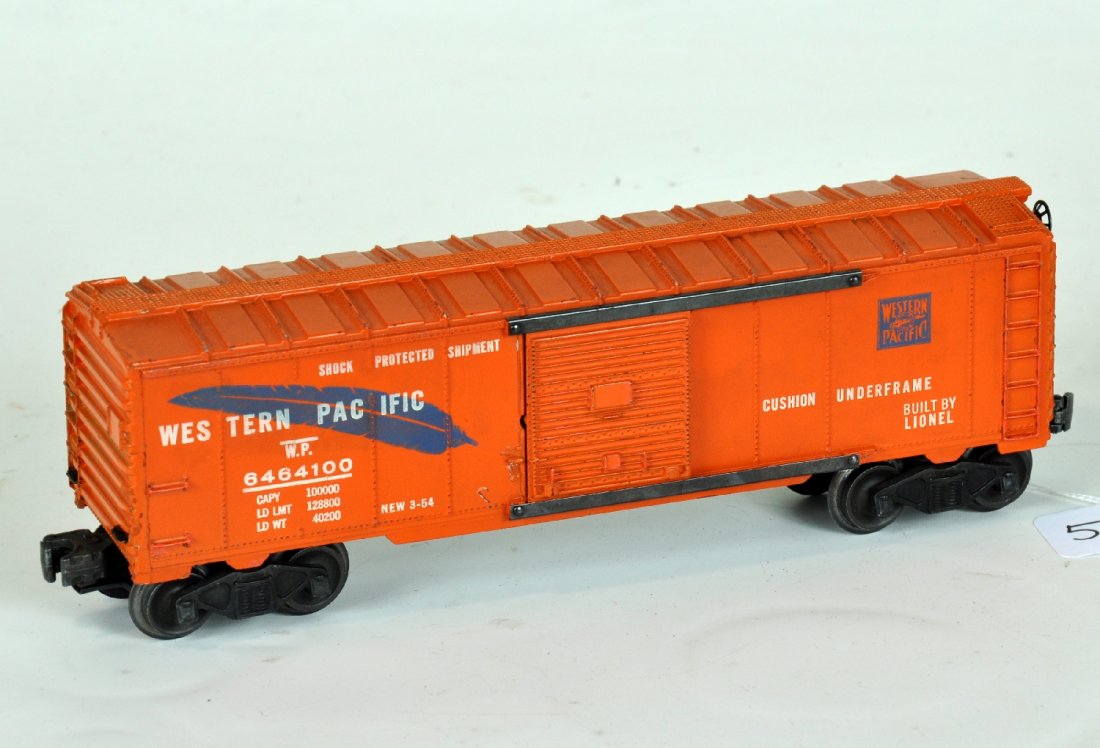 Scarce Lionel 6464-250 WP Blue Feather Boxcar: 1954 production. Type IIA body, clean with broken catwalk end. Otherwise is shows light to moderate playwear, C6