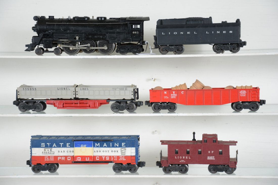 6Pc Lionel 665 Steam Freight Set: Includes a 665 locomotive, slight bend in cab corner; 6026W tender; 3359-55 double dump car; 6462-75 red painted gondola with drums; 6464-275 SOM boxcar, type IIA grooved, C5+; 6357 caboose. Otherwise
