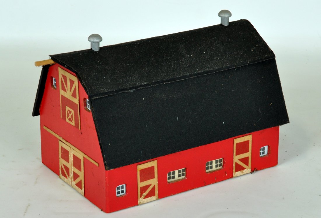 Scarce American Flyer 164 Red Barn: S Gauge. One of the harder to find wood buildings. This is clean and complete with fairly clean doors. It is missing its hoist as usual, but only shows light to moderate playwear, C7-7+