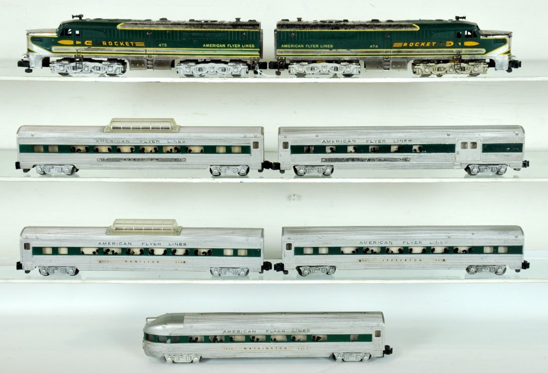 7Pc American Flyer Rocket Set: S Gauge. Includes a 474 & 475 Rocket PA Alco AA Diesels, chrome versions with black spots leaching through, nice decals though!, C4; 960 combine; 2 #962 vista-domes; coach; 963 observation. All are si