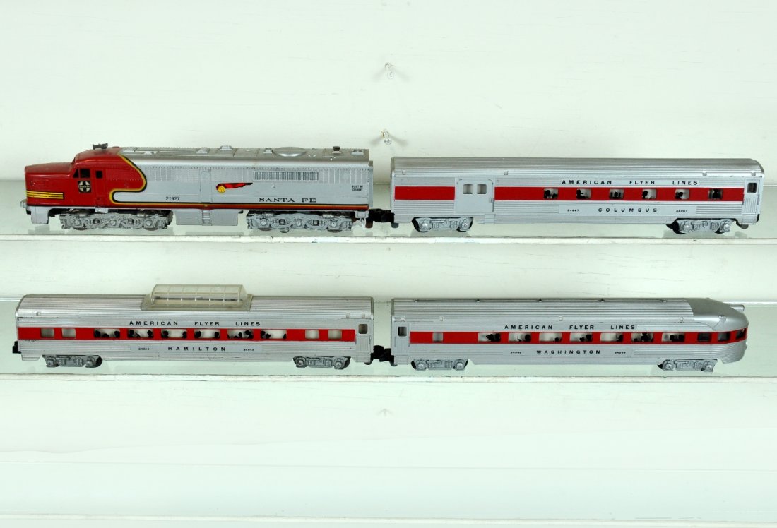 Clean American Flyer The Chief Set: S Gauge. Set 20620, 1960 Only. Includes a 21927 SF PA Alco A diesel, decals are 98%; 24867 combine; 24813 vista-dome; 24868 observation. All have nice matte silver finish, showing light to moderate pl