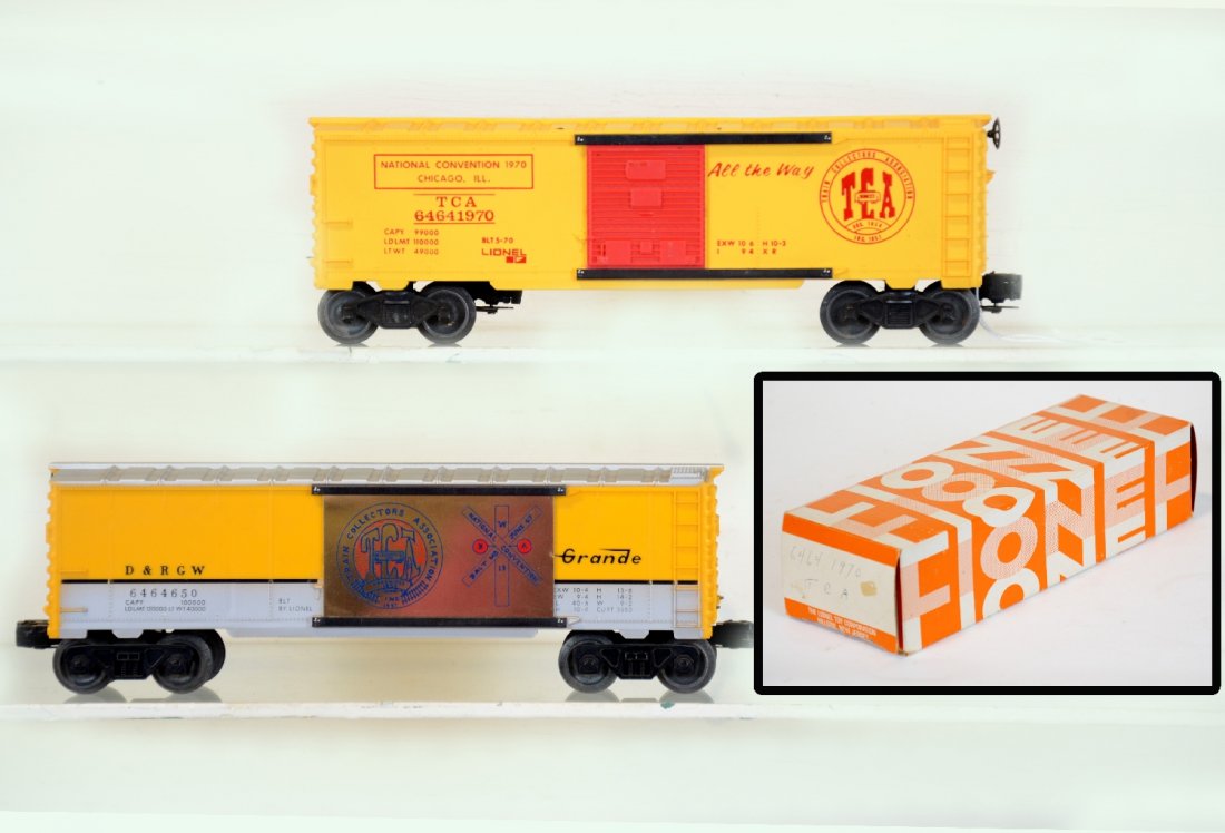2 Lionel Early TCA Cars: Includes a 1970 boxcar with Hillside box; 6464-1967 RG with brass plated door sign(original door inside), unrun with light oxi spots on frame, C8