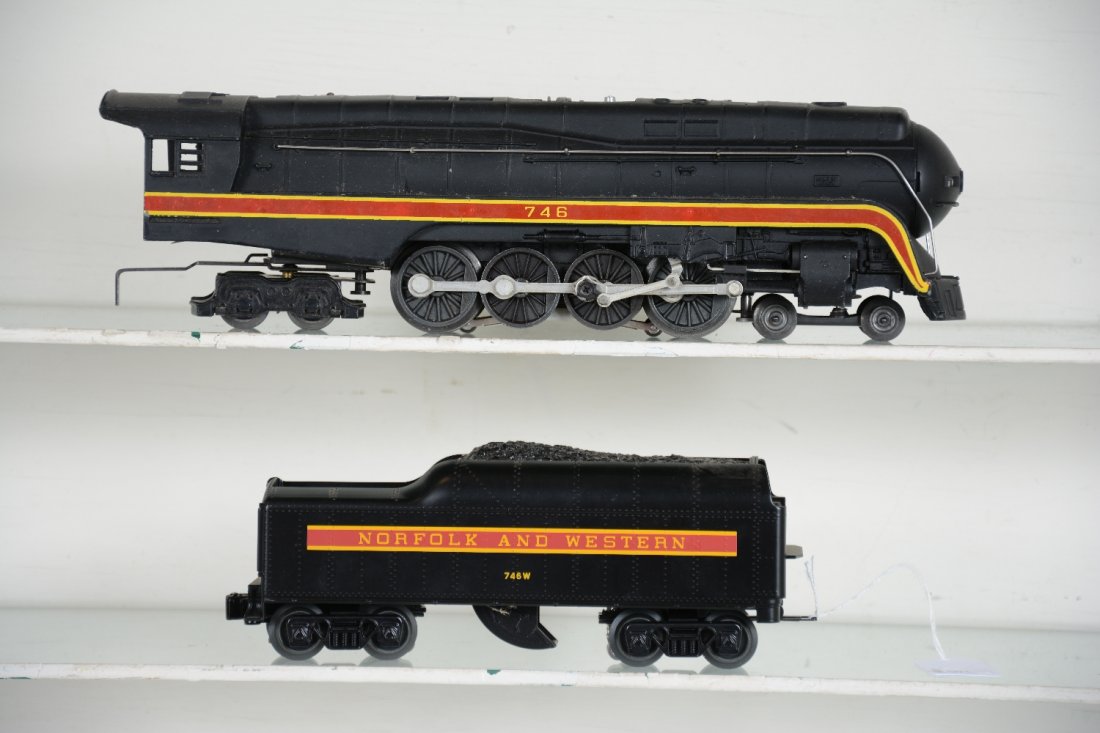 Lionel 746 N&W J Locomotive: Nice original loco with nice stripes & nose cone paint, C8; Modern Lionel Celebration series 746W tender with sounds, C8