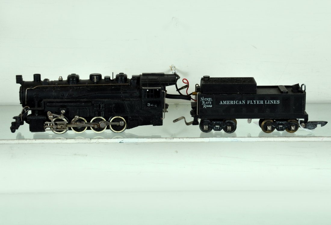 American Flyer 342 NPR Switcher: S Gauge. Clean with 94% cab lettering, 1 side has light oxidation on rods, otherwise shows light playwear, C7-7+