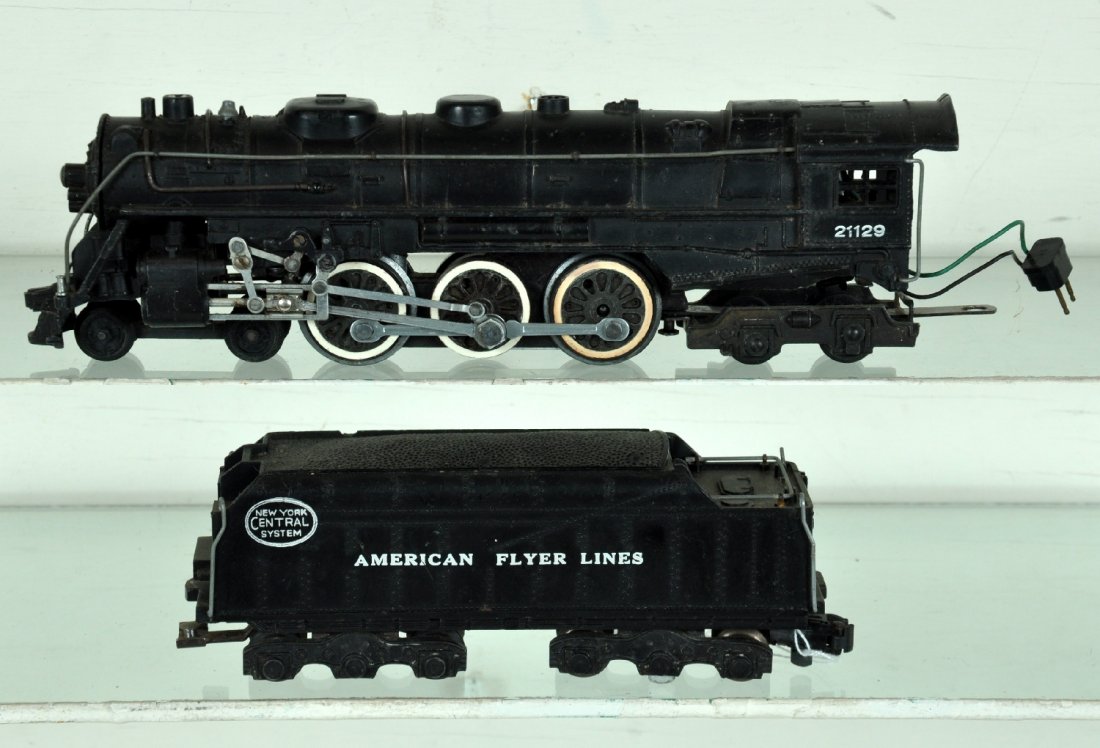 Scarce American Flyer 21129 NYC Hudson: S Gauge. Clean late steam loco, scarce plug-in tender is missing 3 steps(parts included). Otherwise shows light to moderate playwear, C7