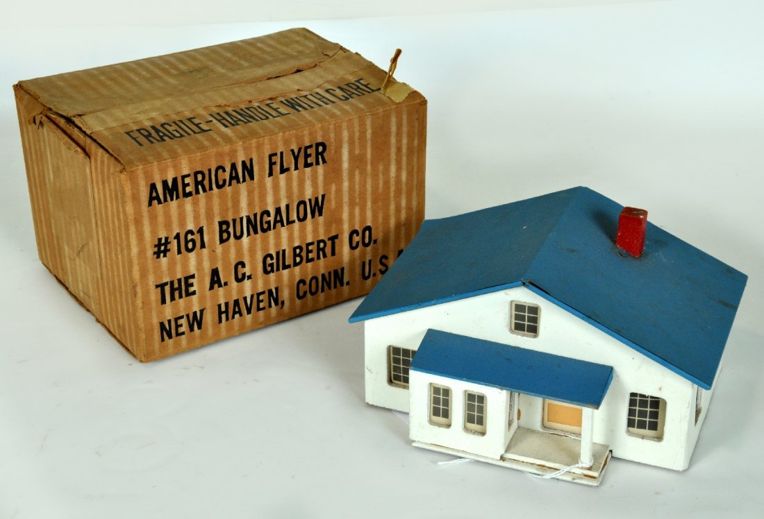 Boxed American Flyer 161 Bungalow: S Gauge. Clean bright example. Stack has been reattached. It comes with a nice original box and shows light to moderate playwear, C7