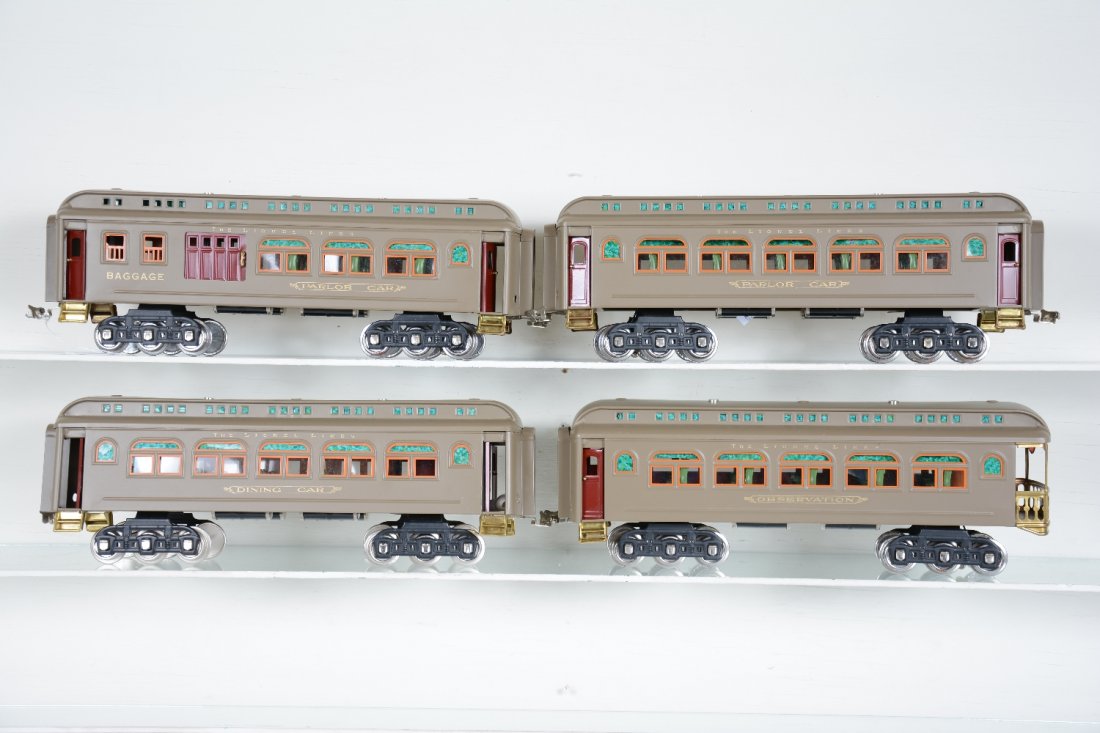 4 Restored Lionel Passenger Cars: Standard gauge. Includes 419 combine; 418 Pullman; 431 Diner & 490 observation with 1 broken truck. Otherwise all nicely restored in a satin finish to appear C9
