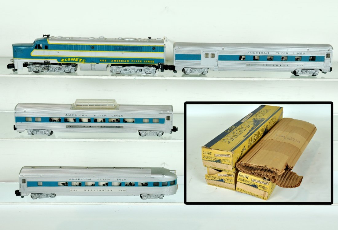 Nice American Flyer Boxed Comet Set: S Gauge. Set 5434T. Clean, bright and matched set. Includes a 466 Comet PA Alco diesel; 960 combine; 962 vista-dome & 963 observation. All silver painted versions with wonderful matte patina with just