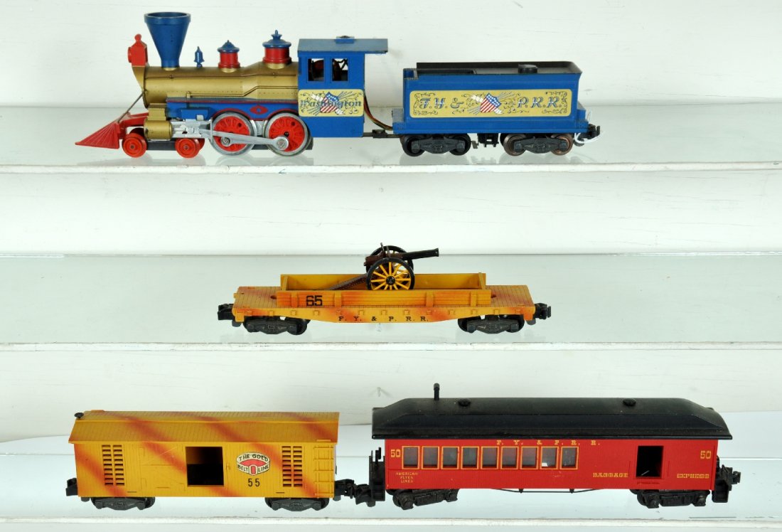 Nice American Flyer Washington Set: S Gauge. Set 20655. Includes a 21089 Washington steam loco, bright rods with clean stickers; 24055 Gold Belt boxcar; 24565 flat with original issue Japanese cannon; 24750 combine. All are clean and sh