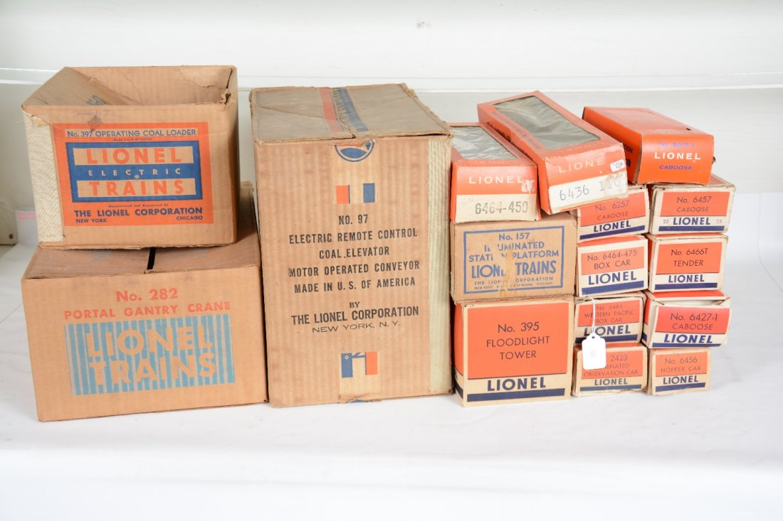 15 Empty Lionel Boxes: Includes a 282 with insert; 97; 6464-475; 6464-1; 6464-450(late cello); 6436-110 cello; 6421-1; 6466T; 6457; 6456; 6257; 2423; 157; 395 with insert & instructions; 397. all are fairly clean, some may 