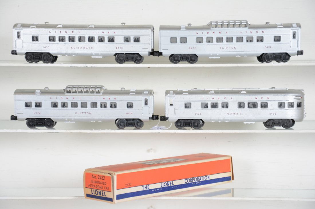 4 Lionel Passenger Cars, 1 Boxed: Includes 2 #2432 Clifton vista-domes, 1 ob; 2435 Newark Pullman, C5; 2436 Summit observation. Rest are clean, showing moderate playwear, C6-6+