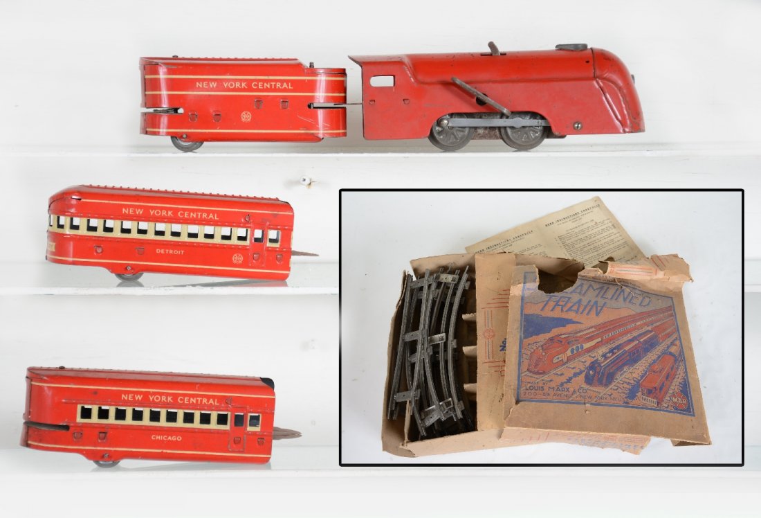 Boxed Marx Red Mercury Set 856: This is the mechanical version with clean Mercury loco, mechanism functions with key; tender; coach & observation, track, instructions and rough setbox, C6