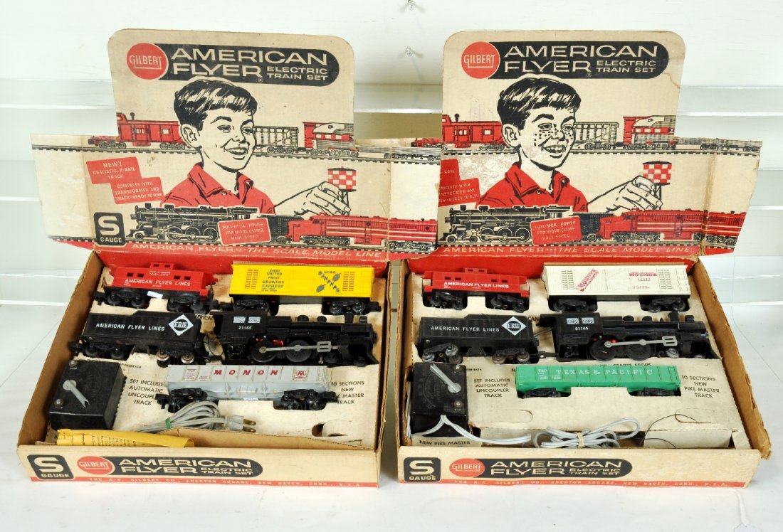 2 Variations American Flyer Pioneer Flyer sets: S Gauge. They include the same cars, but with different variations as photoed. Include 21165 Erie Casey Jones steam locos; 24052 & 24057 boxcars; 24127 & C-2009 gondolas and 24636 cabooses, both have 