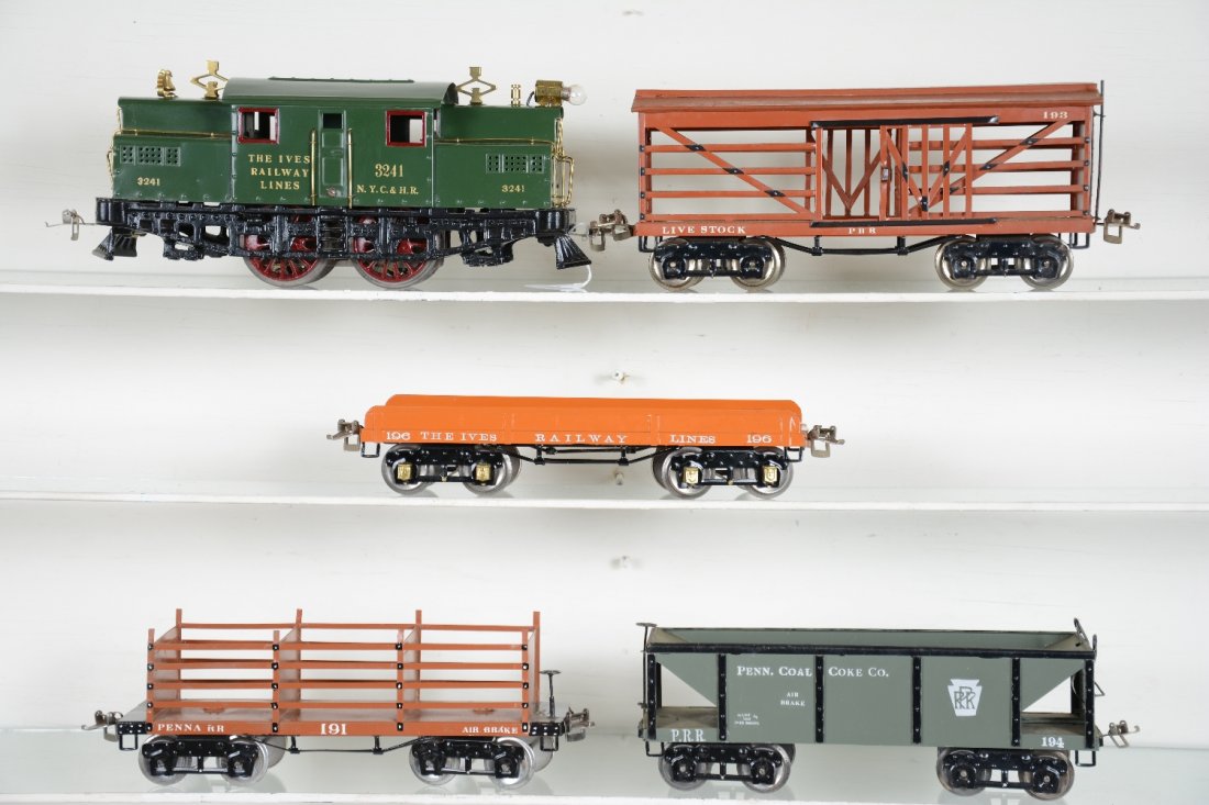 5Pc Restored Ives 3241 Train Set: Standard gauge. Includes a 3241 NH style electric; 196 late flat car with sides; 193 stock car; 194 PRR hopper; 191 coke car, all nicely restored to appear C8