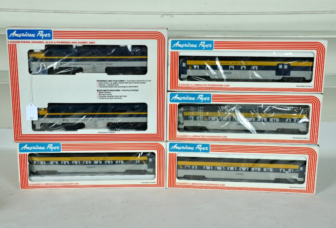 5Pc Lionel-American Flyer C&O Passenger Set: S Gauge. Includes a 48102 C&O PA Alco AA diesels; 48900 combine; 489002 vista-dome; 48901 coach; 48903 observation. All are unrun with shop worn boxes, C9