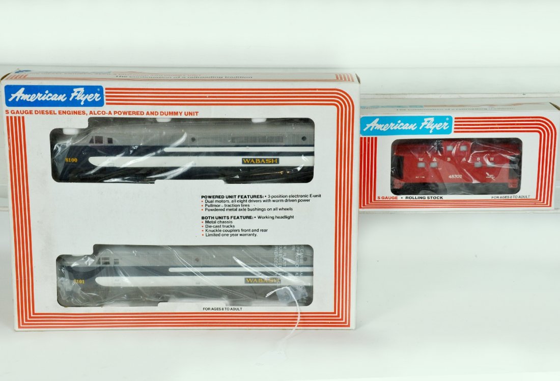 Lionel-American Flyer Wabash Diesels & Caboose: S Gauge. Includes a 48100 Wabash PA Alco AA diesels with matching 48702 caboose. They are unrun with boxes, C10