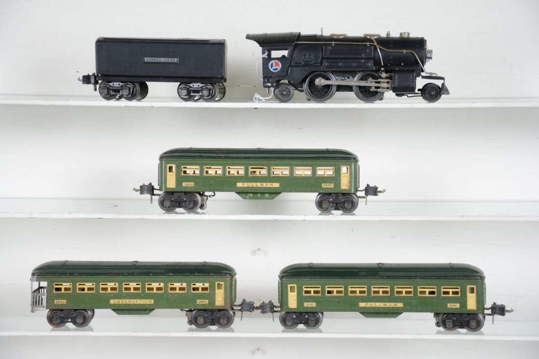 5Pc Lionel 259E Passenger Set: Includes a 259E loco, satin finish with nickel trim, replaced roller pick-up; 2689T tender; 2 #2640 Pullmans; 2641 observation. All have HBC and show light to moderate playwear, C6-7