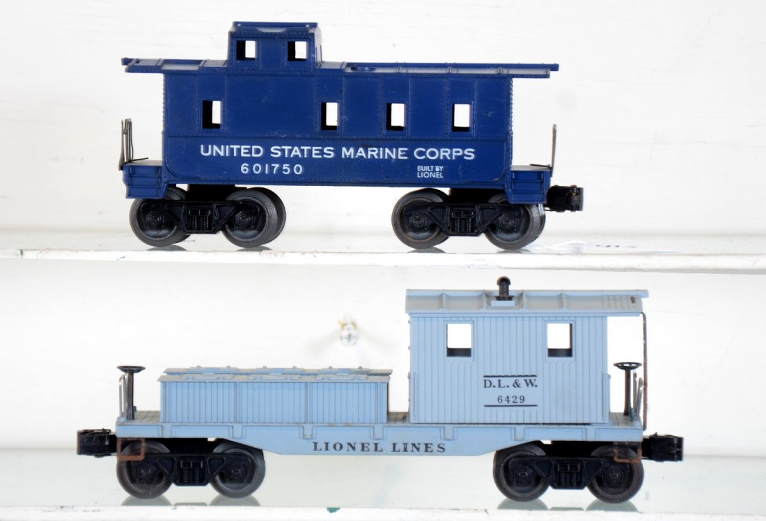 2 Tougher Lionel Cabooses: Includes the 6426 D&LW work caboose from 1963, has super nice body with oxidation on steps and ladders; 6017-50 USMC caboose. This is the darker blue variation, not the medium blue that matched the 21