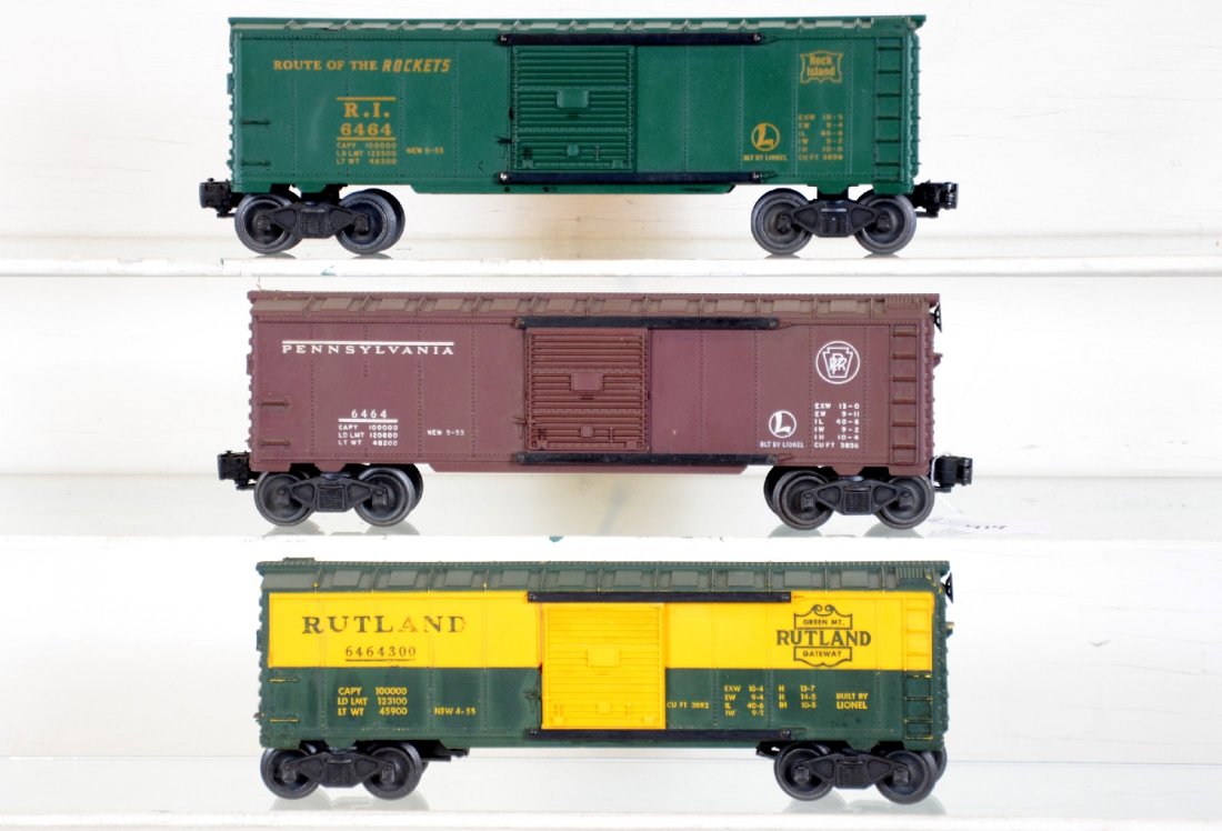 3 Lionel 6464 Boxcars: Includes a 6464-300 Rutland, type IIA, rubber-stamped, lettering 90% 1 side, has a chipped step on 1 end, C6; 6464-200 PRR, type I, C7+; 6464-75 RI, type I, C8