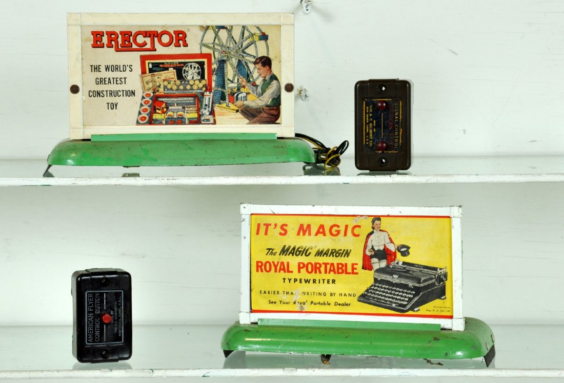 2 Scarce American Flyer Whistling Billboards: S Gauge. Includes a prewar 577 Royal Typewriter Whistle with controller; 762 Two in One Whistle with controller, advertising Erector Sets. They show moderate playwear, C6