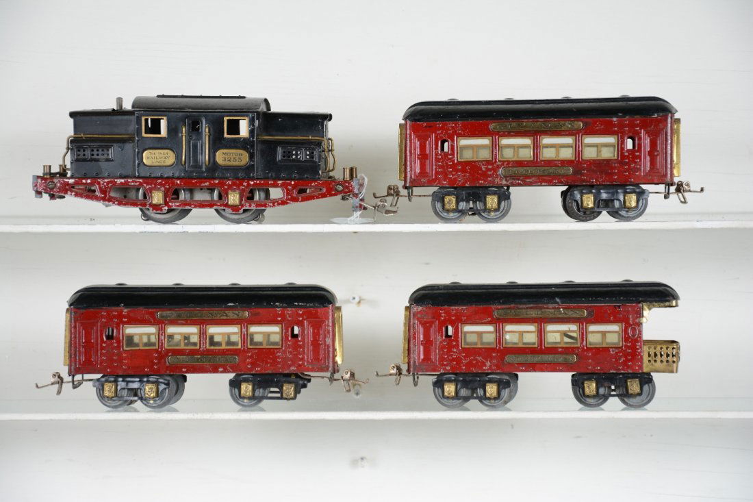 Ives 3255 Train Set: Includes a scarce 3255 electric, missing cow catchers; 2 #135 Pullmans, 1 missing a wheel set; 136 observation with 1 side over-painted. Otherwise all show moderate playwear with some touch-up spots,