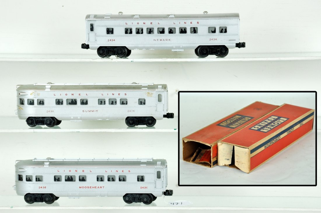 3 Lionel Passenger Cars, 2 Boxed: Includes a 2434 Newark Pullman; 2436 Summit observation with box missing end flap, C6+; 2436 Mooseheart observation, bright silver, unrun, but missing 1 roof screw and 1 red rear light insert, ob, bod