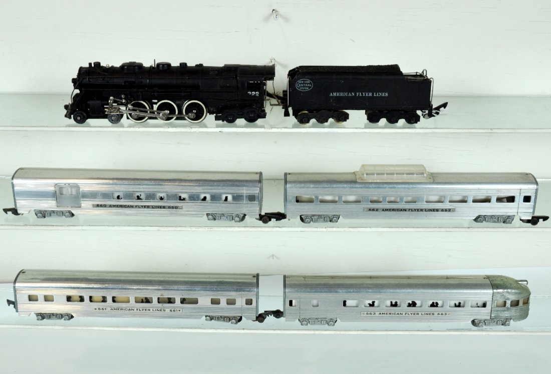 5Pc American Flyer 322 Hudson Passenger Set: S Gauge. Includes a 322 NYC Hudson, later smoke in boiler version; aluminum cars include 660 combine; 661 coach; 662 vista-dome; 663 observation. All are fairly clean showing light to moderate playwea