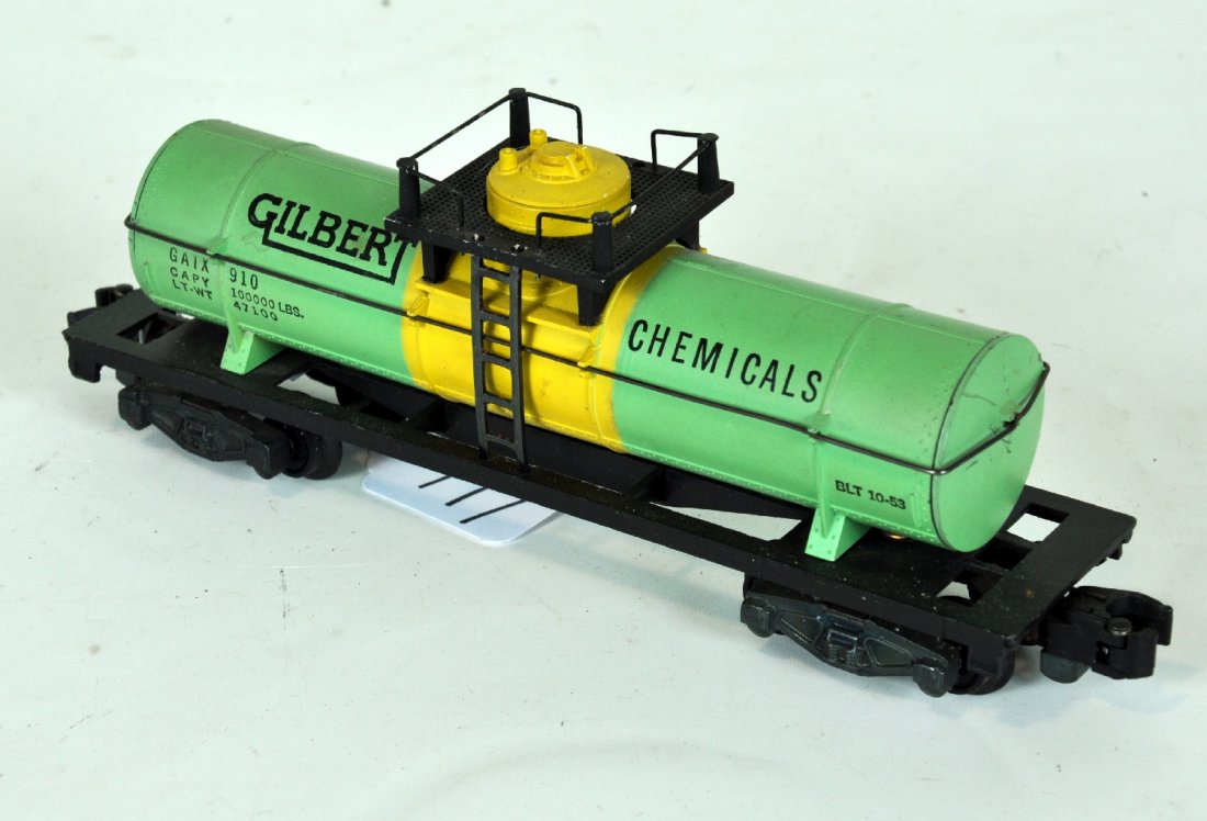 Nice American Flyer 910 Gilberts Tank Car: S Gauge. Clean with bright graphics. Gilbert's Chemical tank is a tough car to find nice. This shows light signs of use, C8 Nice example!