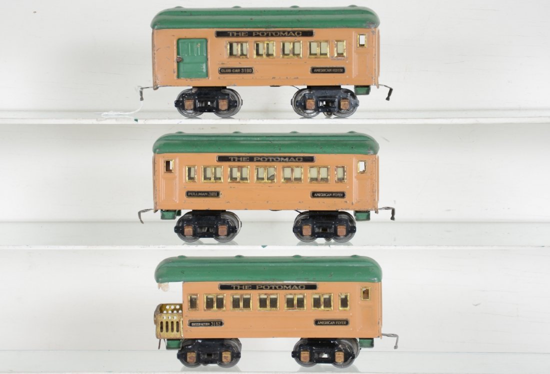 American Flyer Potomac Cars: Includes a 3180 combine; 3181 Pullman; 3182 observation. All are clean and mach showing moderate playwear, C6