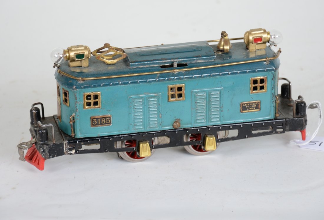 American Flyer 3185 Electric: Great loco to head Golden State Sets. It is fairly clean, rewheeled and ready to go. It shows moderate playwear, C6