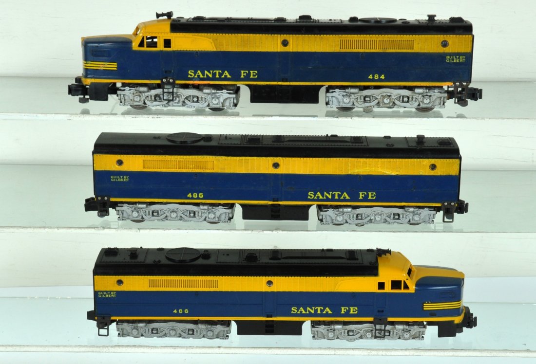 American Flyer 484, 495 & 486 ABA Diesels: S Gauge. Includes a 484 SF powered A Alco, small touch-up spot on stripe, nice nose decal, C7; 485 B-Unit with several touch-up spots throughout, C5-; 486 dummy diesel in C8