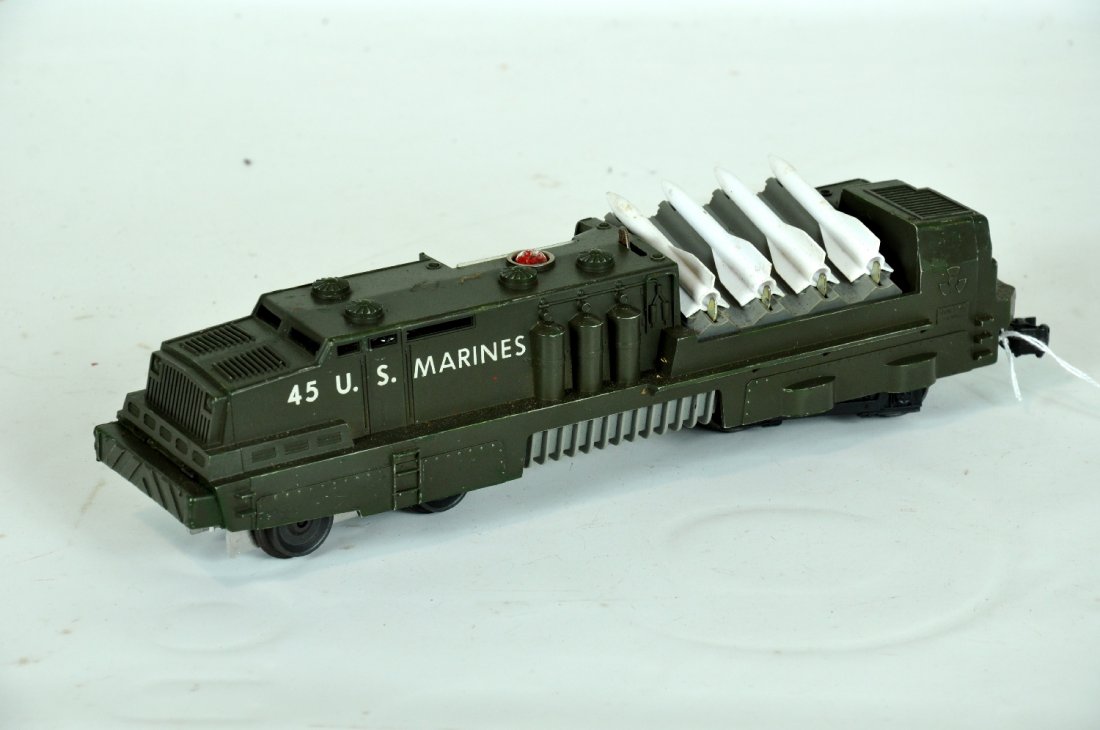 Lionel 45 USMC Launcher: Clean and complete with 4 missiles. It has a clean repair to front bumper and 1 missing step. Otherwise is clean and presents as a C7. Will make a nice runner!