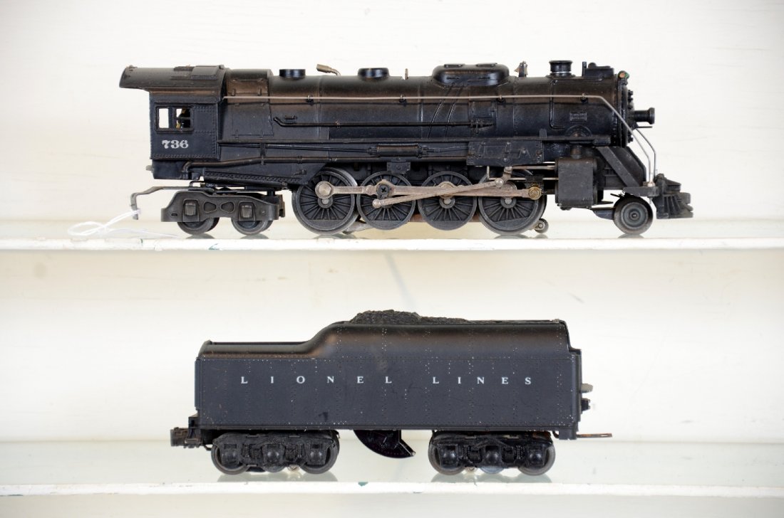 Clean 1950 Lionel 736 Berkshire: Nice matte patina, 1950 version with unsupported headlight. The rods are bright; correct 2671WX 12-wheel tender with wide letter spacing. They show light runtime C7-7+
