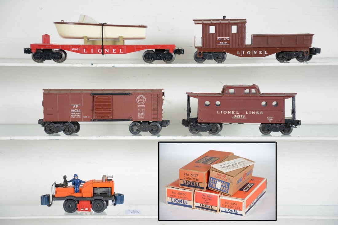 5 Boxed Lionel Cars: Includes a 50 gang car, 2 replaced men with instructions; 6801 flat with boat; 6427 N5c caboose; 6119-50 DL&W work caboose; 6454 SP boxcar. Otherwise, all show light to moderate playwear, C7-7+