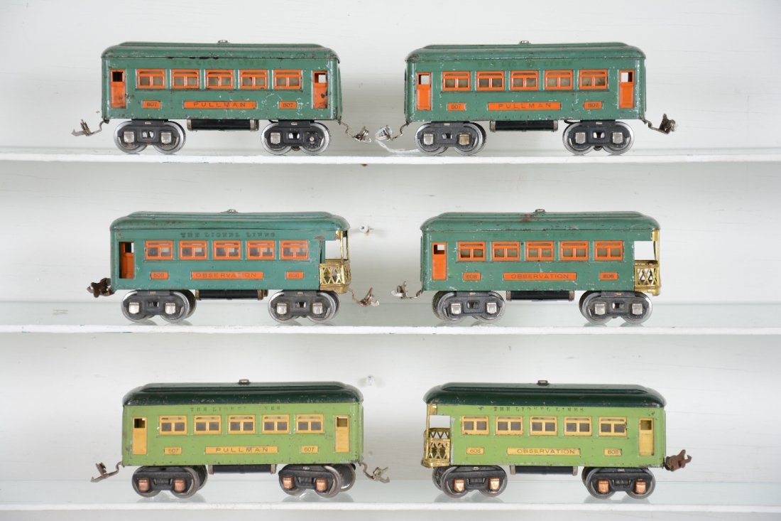 6 Lionel Passenger Cars: Includes a 607 & 608 in Stephen Girard & dark green; 2 #607 Pullmans; 2 #608 observations in peacock & orange. They are all fairly clean and show moderate playwear, C6
