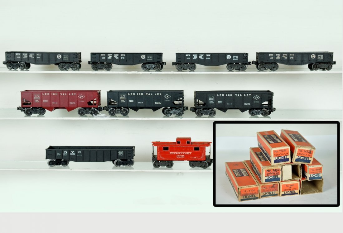 9 Boxed Lionel Freight Cars: Includes 3 #2452X PRR gondolas, 1 has late flying shoe trucks; 6062 gondola(6462 ob); 2472 PRR caboose, C6; 3 #6456 hoppers; 2452 PRR gondola, has early flying shoe trucks with whirly wheels. All have