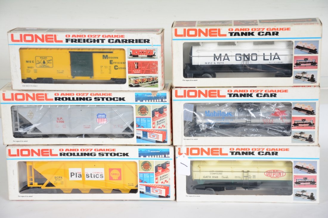 6 Boxed Lionel Freight Cars: Includes 9421 MC boxcar; 9279 Magnolia tank; 9366 UP hopper; 9156 Mobilgas tank; 6107 Shell hopper; 9148 DuPont tank. All appear unrun with boxes, C9