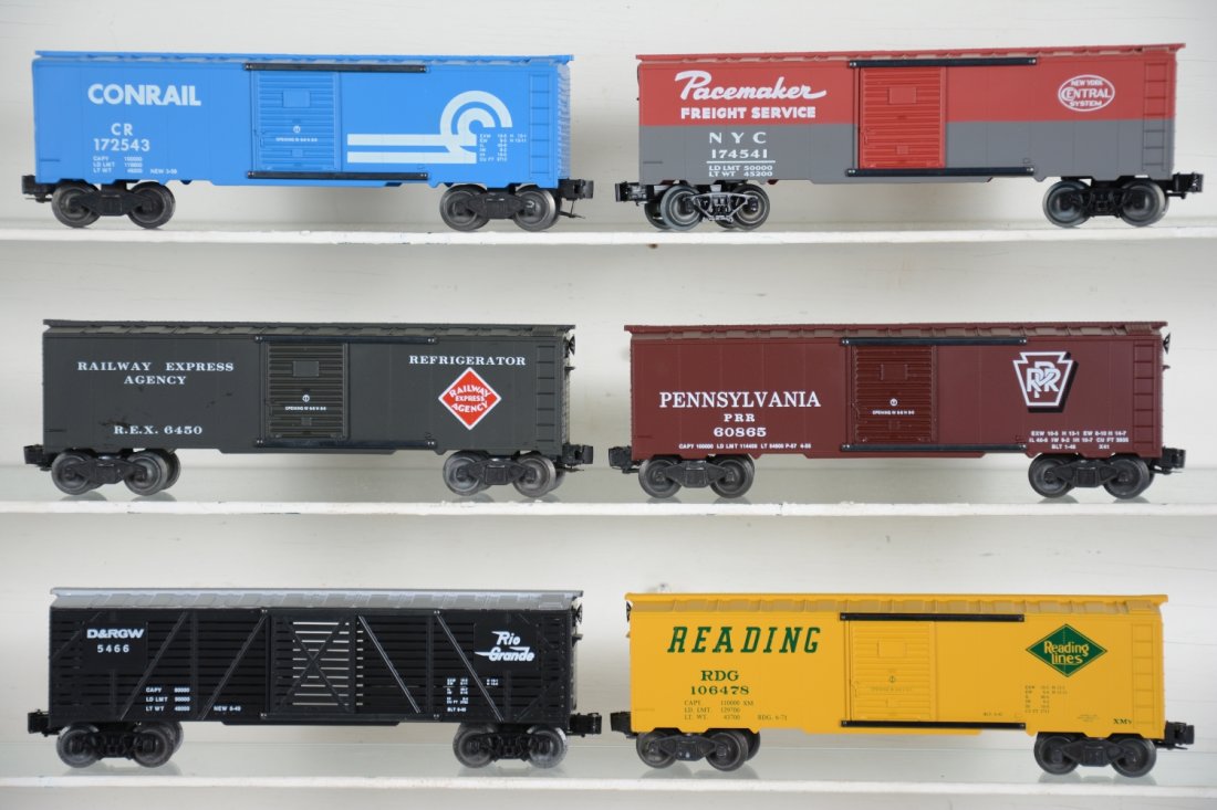 6 Boxed KMT Freight Cars: Includes RG stock; Pacemaker boxcar; Conrail boxcar; PRR boxcar; Reading boxcar; REA boxcar. All are unrun with boxes, C10