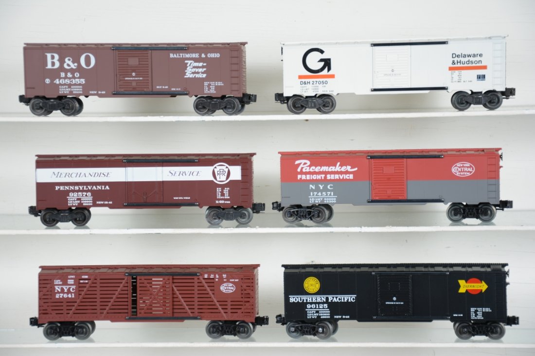 6 Boxed KMT Freight Cars: Boxcars includes PRR; D&H; B&O; Pacemaker NYC & SP; NYC stock car. All appear unrun with boxes, C10