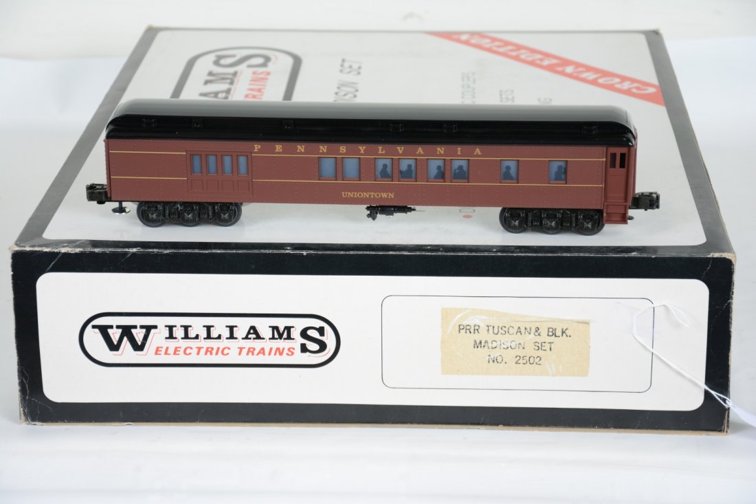 Williams 2502 PRR Madison Cars: Nice 5-car heavyweight set with baggage, combine, 2 coaches and an observation. They are unrun with setbox, C10