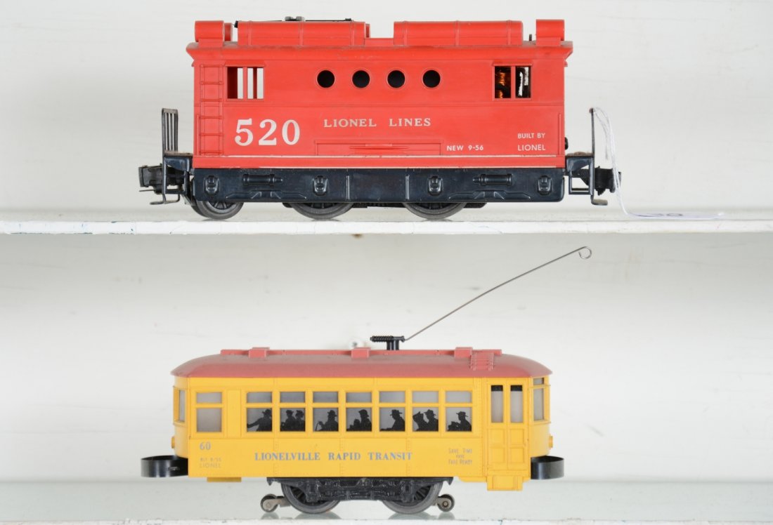 Lionel 520 & 60 Motorized Units: Includes a 520 boxcab electric, clean & complete, showing light playwear, C8; 60 trolley, roof faded, otherwise shows light to moderate playwear, C7