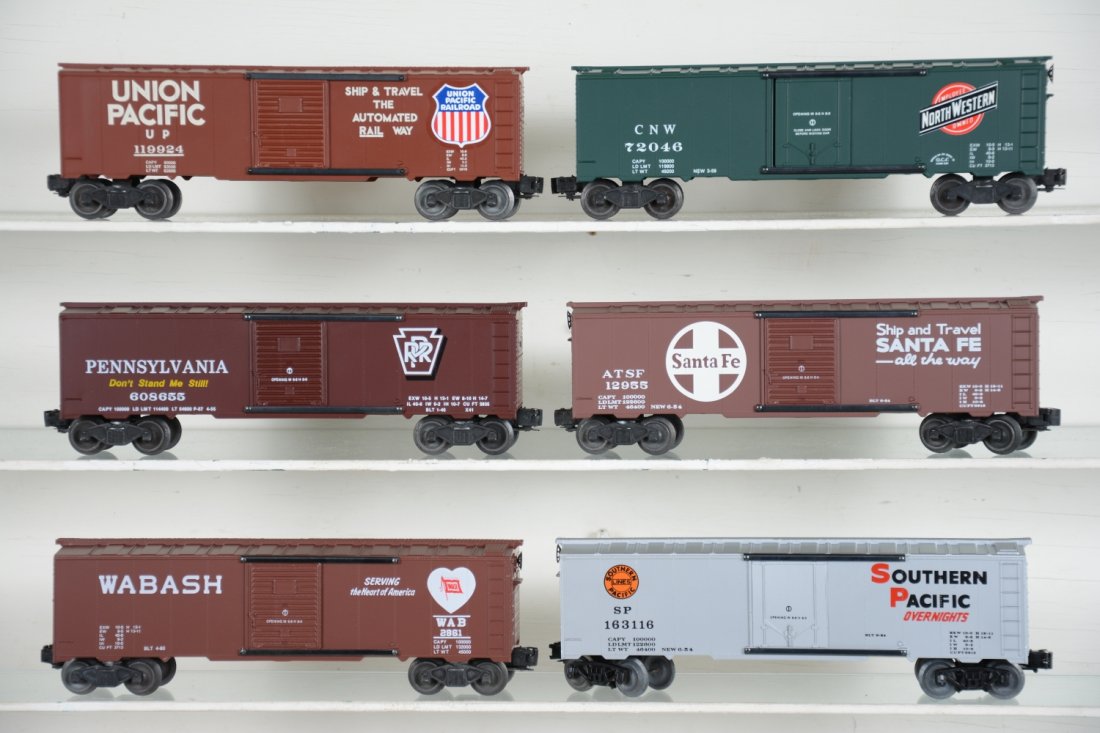 6 Boxed KMT Freight Cars: Includes PRR boxcar; UP boxcar; CNW Reefer; Wabash boxcar; SF boxcar; SP boxcar. All appear unrun with boxes, C10