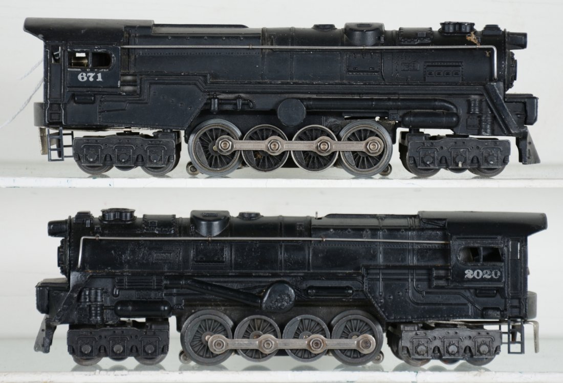 Lionel 2020 & 671 Turbines: Includes a 2020 6-8-6 loco, replaced boiler front, small corrosion spot on cab roof, C5+; 671 turbine, smoke bulb version, replaced boiler front decal, NO tenders, C6