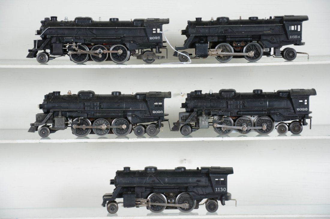 5 Lionel Steam Locomotives: Includes early & late 2026; 1654; 2036 & 1130 missing a running light. Otherwise all show light to moderate playwear, NO tenders, C6-7