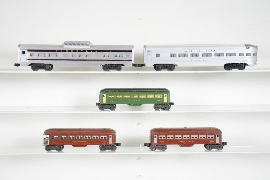 5 Lionel Passenger Cars: Includes 6442 Pullman; 2443 observation; 2542 Betsy Ross vista-dome, stripes re applied; 2531 Silver Dawn observation; 2440 Pullman with 1 early & 1 late flying shoe trucks, silver lettering. Grade ra