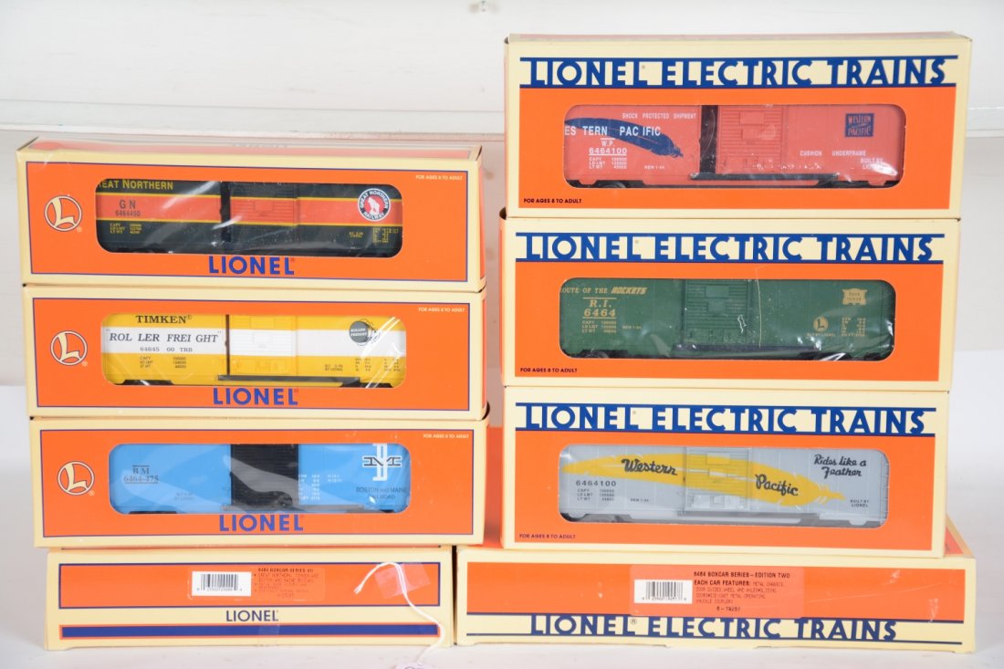 Lionel 6464 Boxcar Series 2 & VII: Set 19257(2 WPs & RIB&A, PRR, SP); Set 29209(GN, Timken, B&M), all appear unrun with obs and set boxes, C10